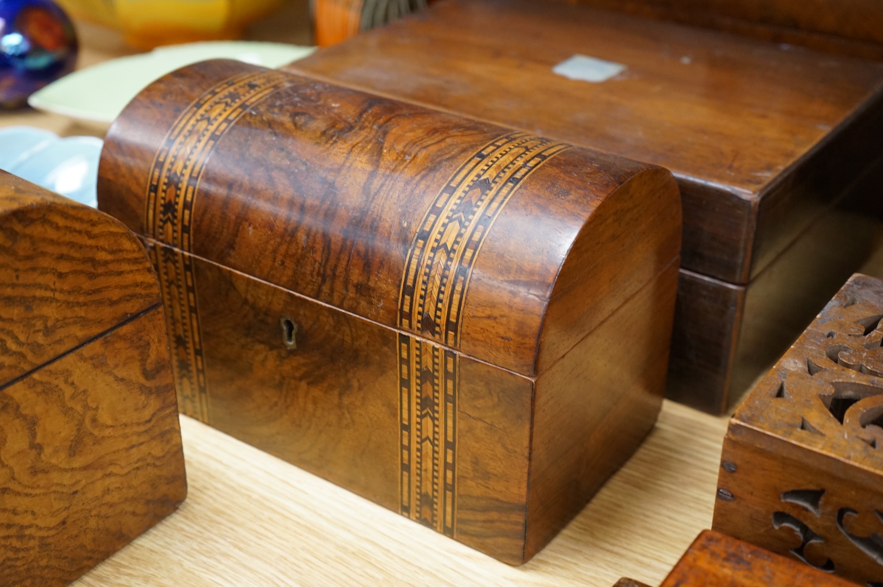 A collection of 19th and 20th century writing, stationery, tea caddies and painting boxes, largest 34.5cm wide (10)